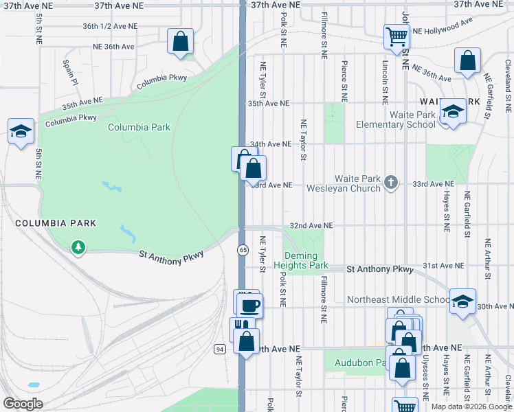 map of restaurants, bars, coffee shops, grocery stores, and more near 3239 Northeast Tyler Street in Minneapolis