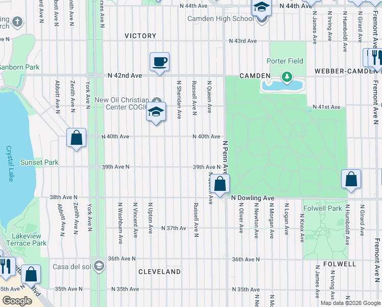map of restaurants, bars, coffee shops, grocery stores, and more near 3938 North Sheridan Avenue in Minneapolis