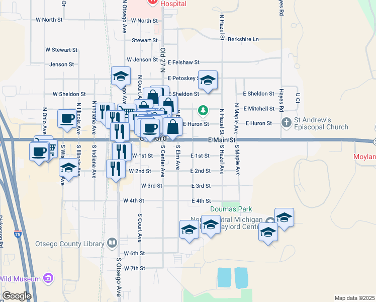 map of restaurants, bars, coffee shops, grocery stores, and more near 215 East 1st Street in Gaylord