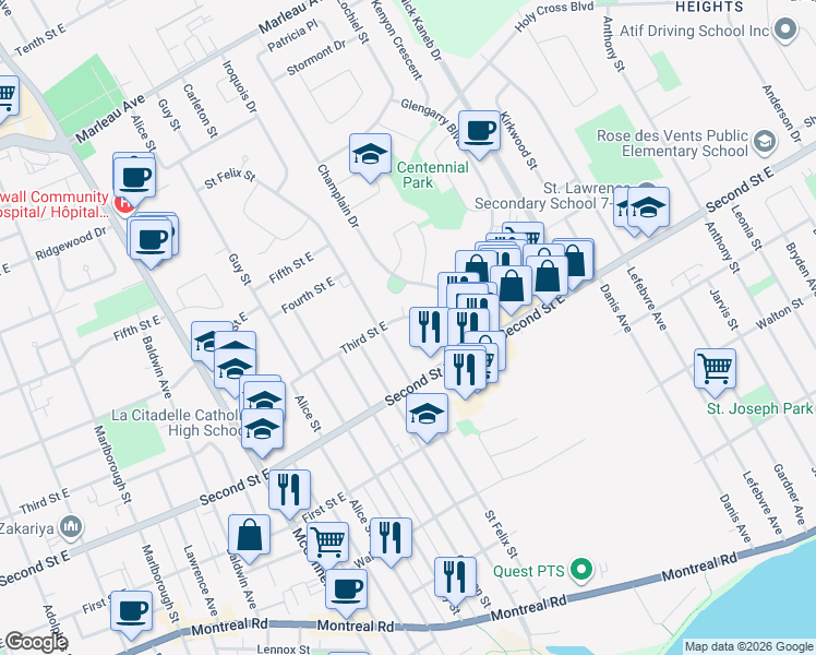 map of restaurants, bars, coffee shops, grocery stores, and more near 1345 Third Street East in Cornwall