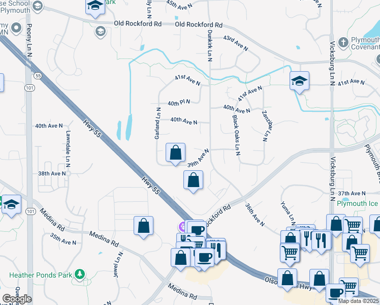 map of restaurants, bars, coffee shops, grocery stores, and more near 3933 Everest Lane North in Plymouth