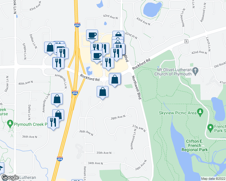 map of restaurants, bars, coffee shops, grocery stores, and more near 3900 Vinewood Lane North in Minneapolis