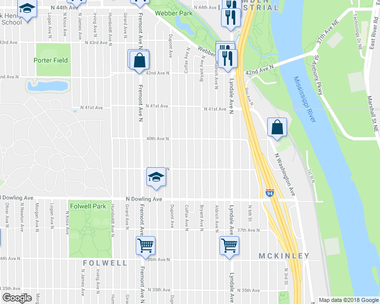 map of restaurants, bars, coffee shops, grocery stores, and more near 3934 Colfax Avenue North in Minneapolis