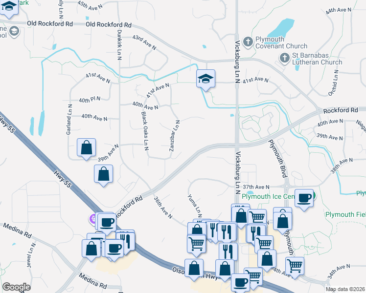 map of restaurants, bars, coffee shops, grocery stores, and more near 16235 38th Place North in Minneapolis