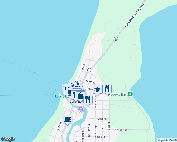 map of restaurants, bars, coffee shops, grocery stores, and more near 501 North Main Street in Leland
