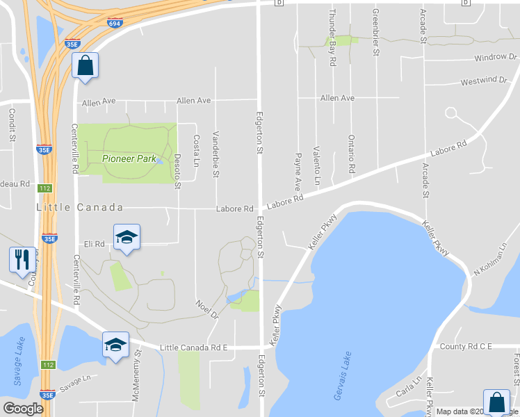 map of restaurants, bars, coffee shops, grocery stores, and more near 2841 Edgerton Street in Little Canada