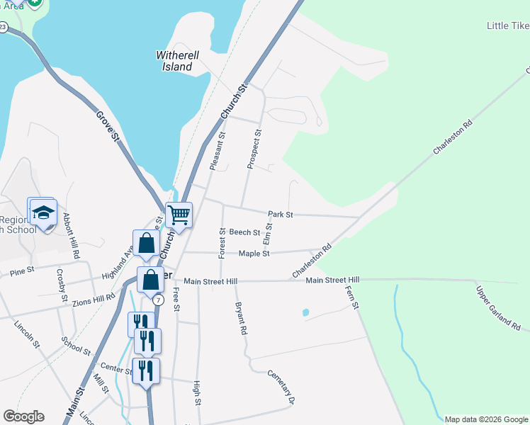 map of restaurants, bars, coffee shops, grocery stores, and more near 66 Park Street in Dexter