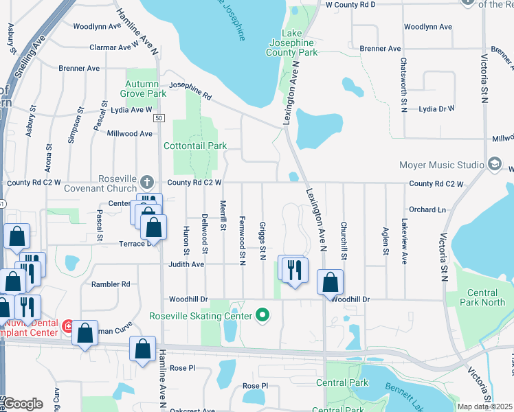 map of restaurants, bars, coffee shops, grocery stores, and more near 2844 Fernwood Street North in Roseville