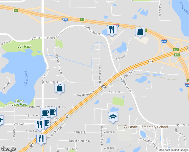 map of restaurants, bars, coffee shops, grocery stores, and more near 6417 54th Street North in Oakdale