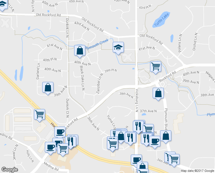 map of restaurants, bars, coffee shops, grocery stores, and more near 16235 38th Place North in Minneapolis