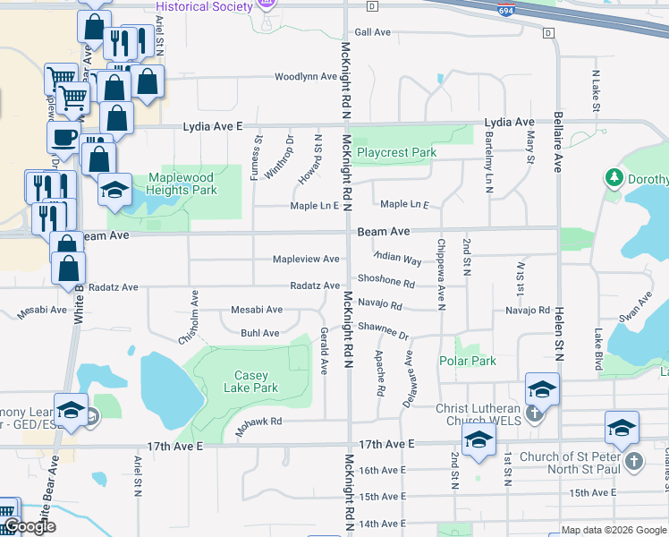 map of restaurants, bars, coffee shops, grocery stores, and more near 2240 Mapleview Avenue in Saint Paul