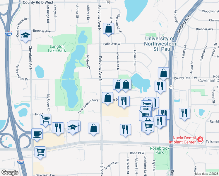 map of restaurants, bars, coffee shops, grocery stores, and more near 1782 Centennial Drive in Roseville