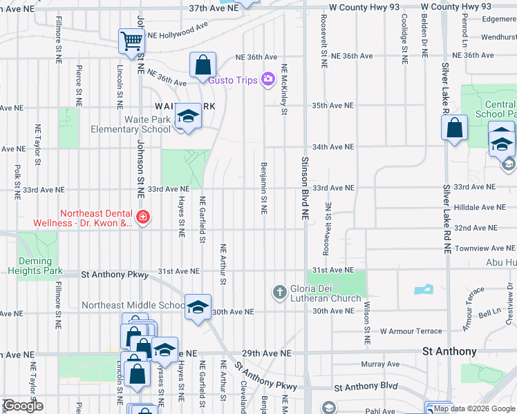 map of restaurants, bars, coffee shops, grocery stores, and more near 3234 Northeast Benjamin Street in Minneapolis
