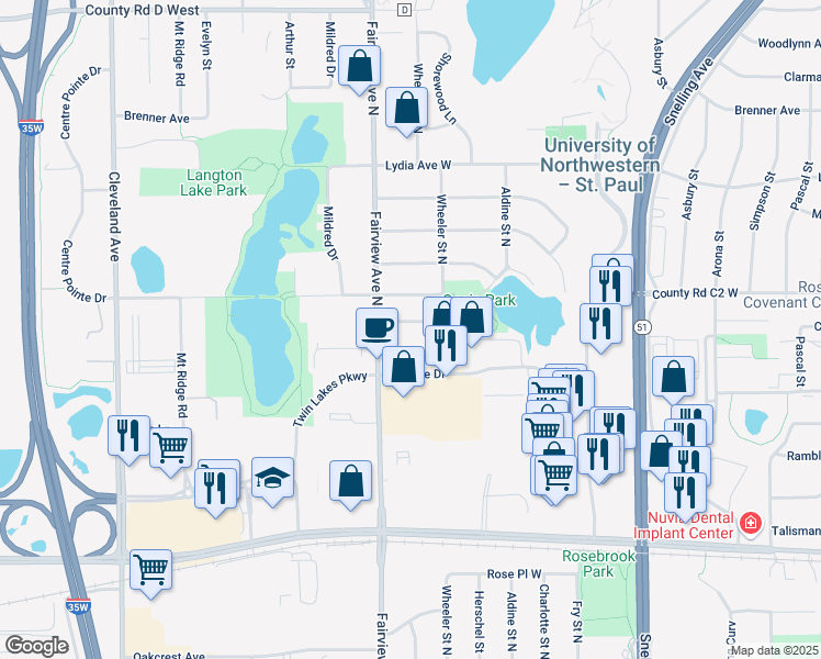 map of restaurants, bars, coffee shops, grocery stores, and more near 1782 Centennial Drive in Roseville