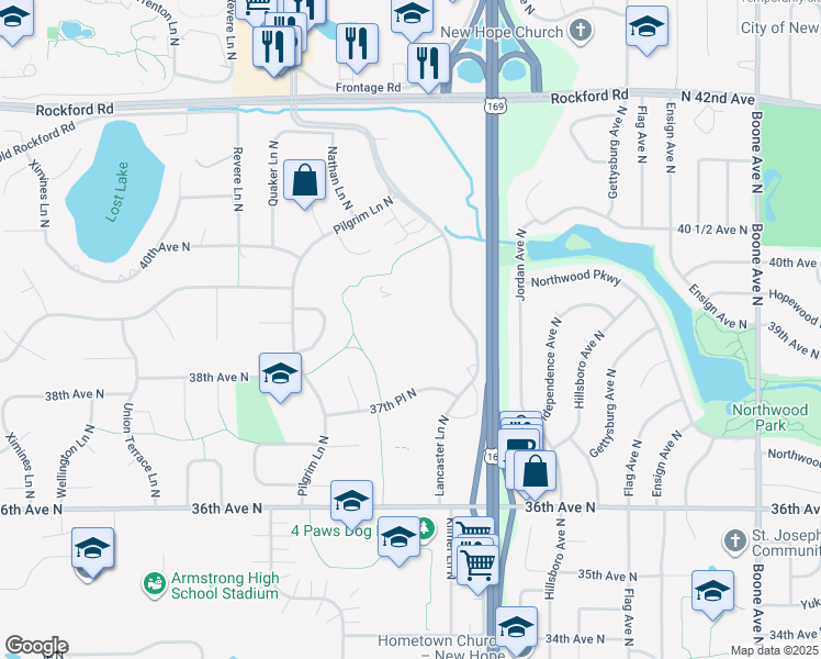 map of restaurants, bars, coffee shops, grocery stores, and more near 3925 Lancaster Lane North in Plymouth