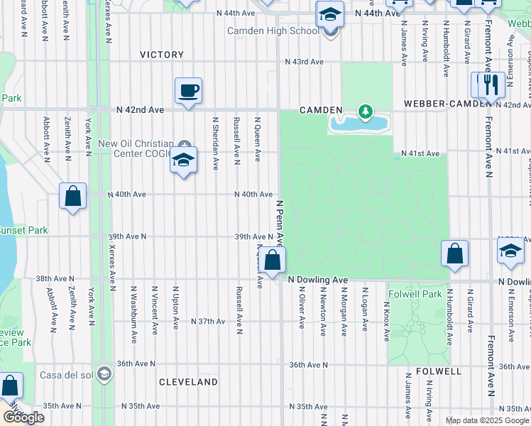 map of restaurants, bars, coffee shops, grocery stores, and more near 3939 North Penn Avenue in Minneapolis