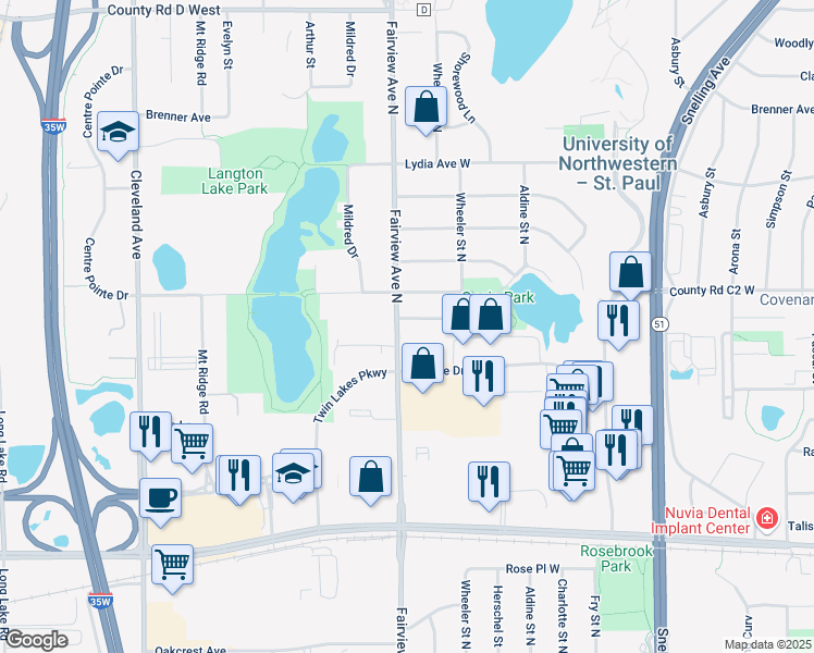 map of restaurants, bars, coffee shops, grocery stores, and more near 1802 Centennial Drive in Roseville