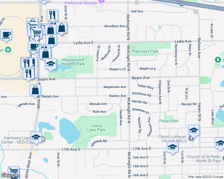 map of restaurants, bars, coffee shops, grocery stores, and more near 2204 Mapleview Avenue in Saint Paul