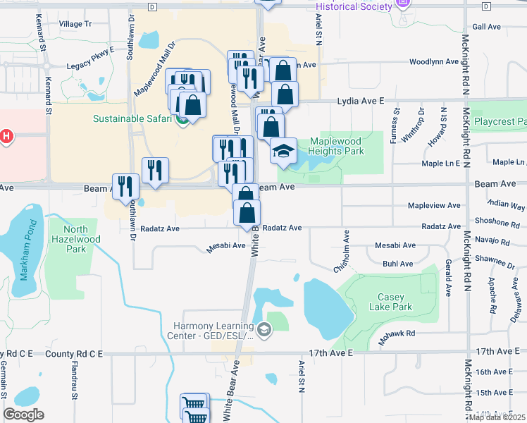 map of restaurants, bars, coffee shops, grocery stores, and more near in Maplewood