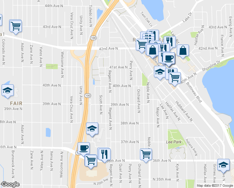 map of restaurants, bars, coffee shops, grocery stores, and more near 3933 Quail Avenue North in Minneapolis