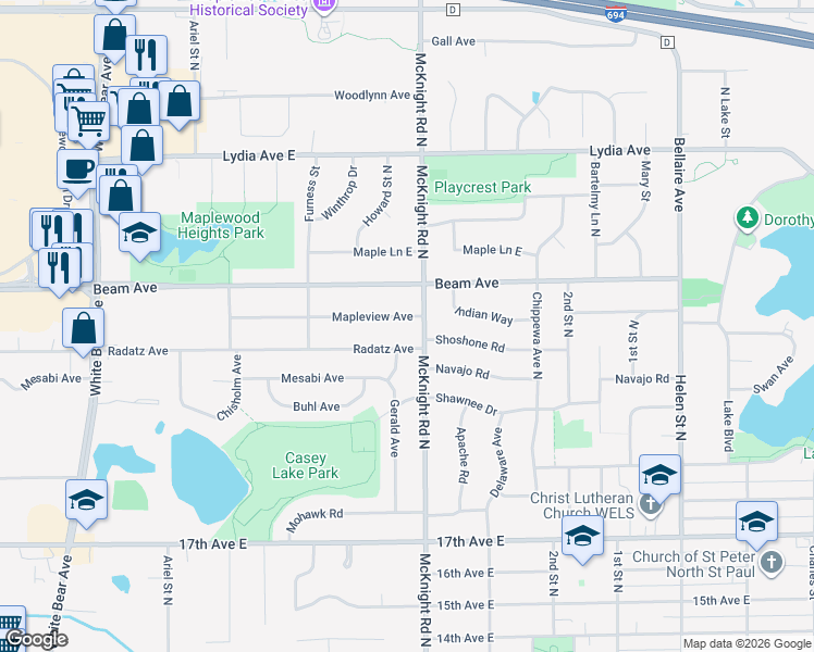 map of restaurants, bars, coffee shops, grocery stores, and more near 2240 Mapleview Avenue in Saint Paul