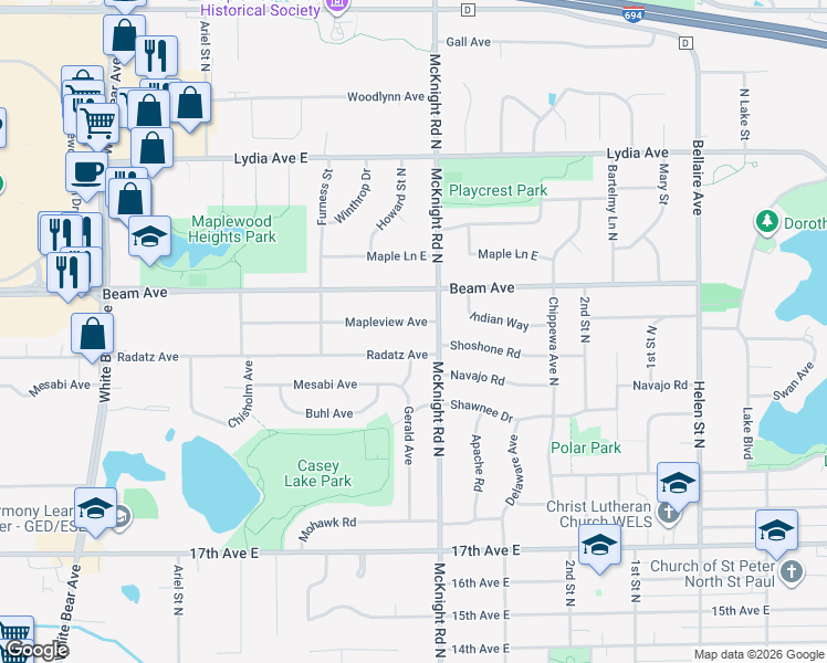 map of restaurants, bars, coffee shops, grocery stores, and more near 2240 Mapleview Avenue in Saint Paul