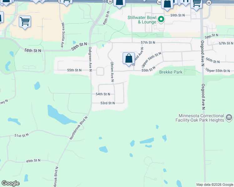 map of restaurants, bars, coffee shops, grocery stores, and more near 5347 Obrien Avenue North in Stillwater