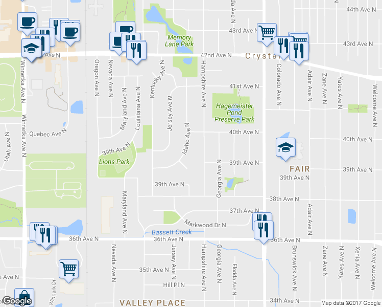 map of restaurants, bars, coffee shops, grocery stores, and more near 3918 Idaho Avenue North in Minneapolis