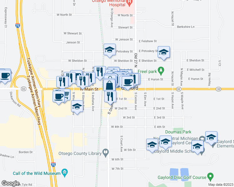 map of restaurants, bars, coffee shops, grocery stores, and more near 225 West Main Street in Gaylord