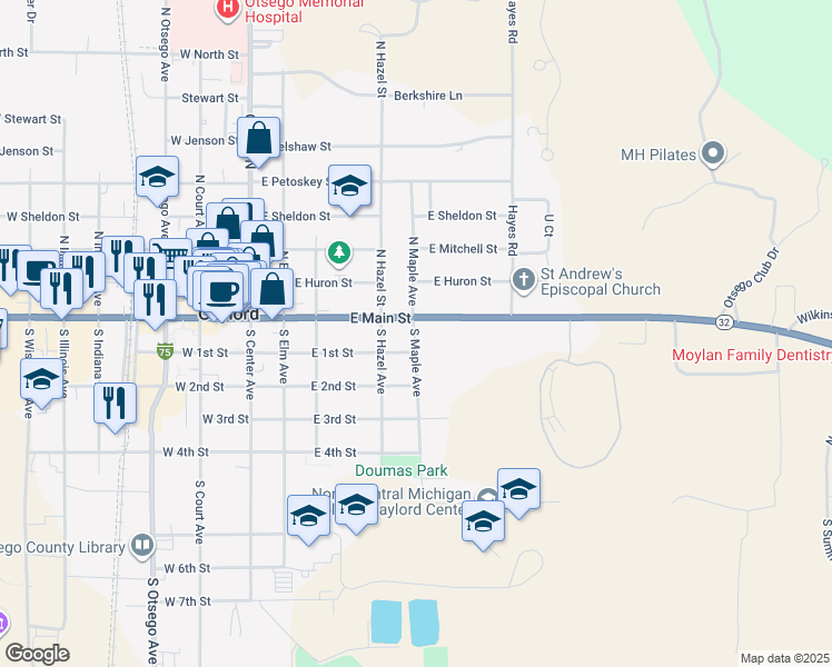 map of restaurants, bars, coffee shops, grocery stores, and more near 502 Michigan 32 in Gaylord