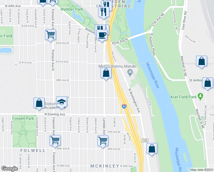 map of restaurants, bars, coffee shops, grocery stores, and more near 3940 North Lyndale Avenue in Minneapolis