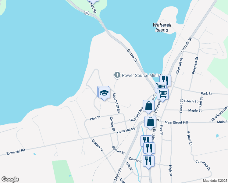 map of restaurants, bars, coffee shops, grocery stores, and more near 12 Abbott Hill Road in Dexter