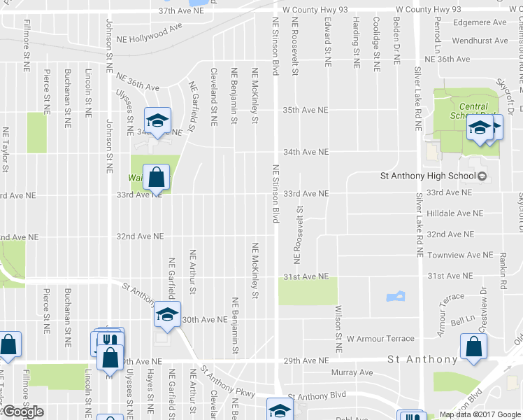 map of restaurants, bars, coffee shops, grocery stores, and more near 3239 Northeast McKinley Street in Minneapolis