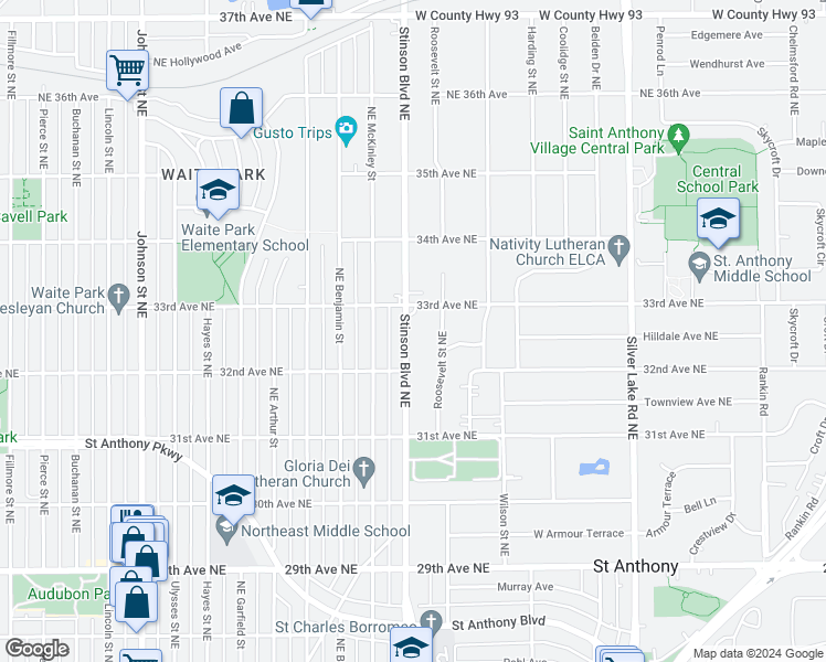 map of restaurants, bars, coffee shops, grocery stores, and more near 3239 Northeast Stinson Boulevard in Minneapolis
