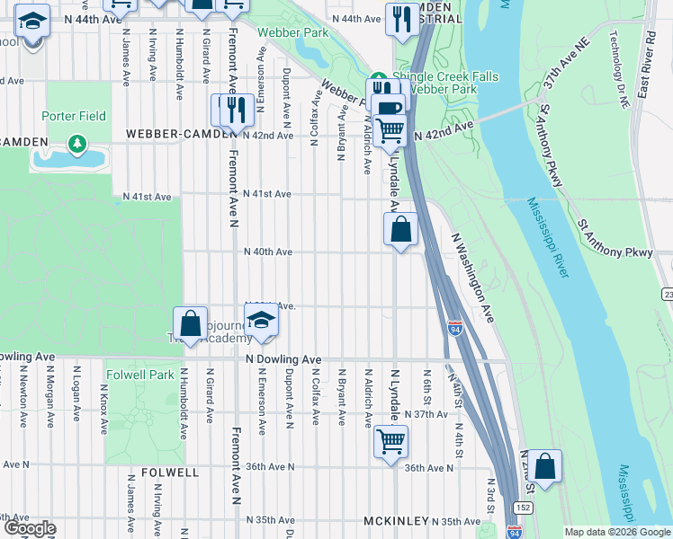 map of restaurants, bars, coffee shops, grocery stores, and more near 3943 Bryant Avenue North in Minneapolis