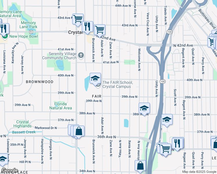 map of restaurants, bars, coffee shops, grocery stores, and more near 3935 Zane Avenue North in Minneapolis