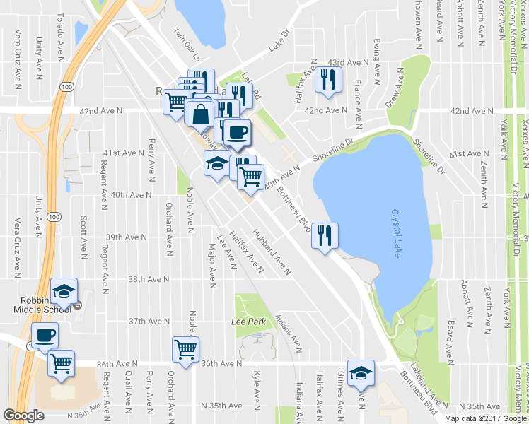 map of restaurants, bars, coffee shops, grocery stores, and more near 3945 County Road 8 in Robbinsdale