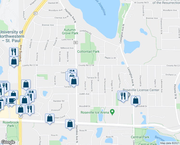 map of restaurants, bars, coffee shops, grocery stores, and more near 2851 Dellwood Street in Saint Paul
