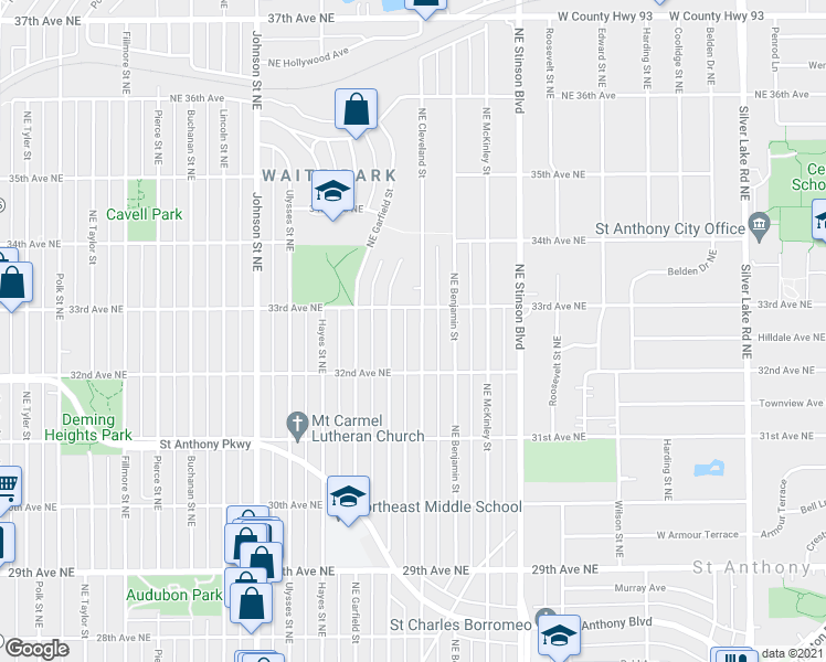 map of restaurants, bars, coffee shops, grocery stores, and more near 3238 Northeast Cleveland Street in Minneapolis