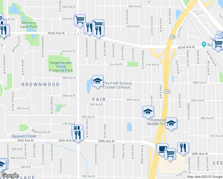 map of restaurants, bars, coffee shops, grocery stores, and more near 3935 Zane Avenue North in Minneapolis