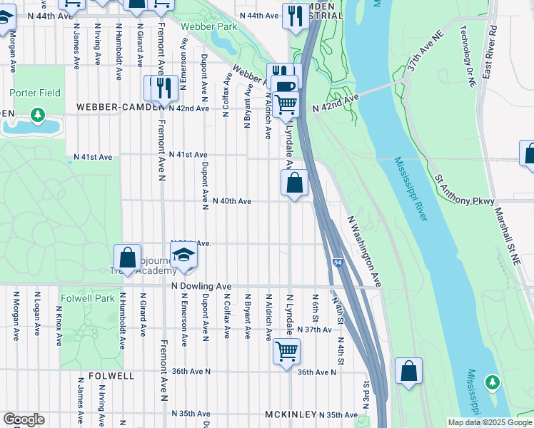 map of restaurants, bars, coffee shops, grocery stores, and more near 3943 North Aldrich Avenue in Minneapolis