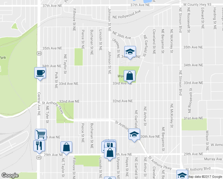 map of restaurants, bars, coffee shops, grocery stores, and more near 3239 Johnson Street Northeast in Minneapolis