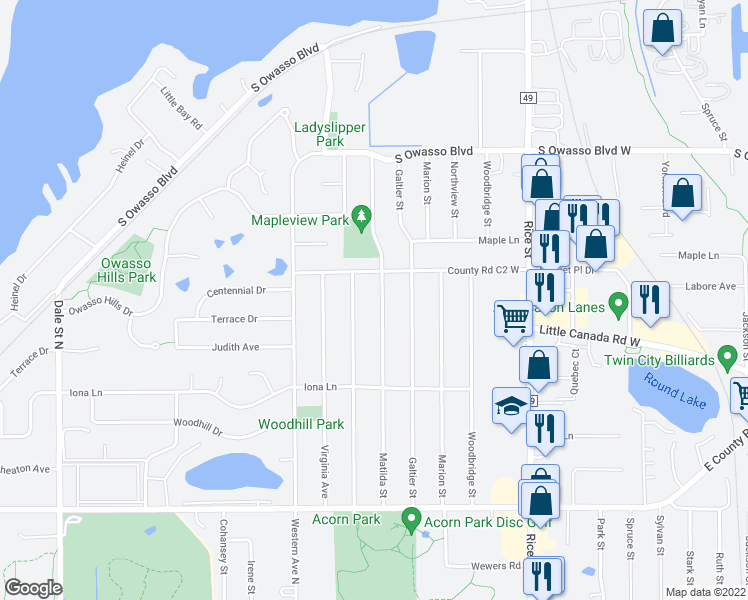 map of restaurants, bars, coffee shops, grocery stores, and more near 2849 Matilda Street in Roseville