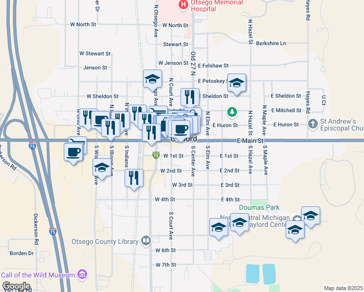 map of restaurants, bars, coffee shops, grocery stores, and more near 123 West Main Street in Gaylord