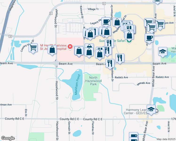map of restaurants, bars, coffee shops, grocery stores, and more near 1670 Beam Avenue in Saint Paul