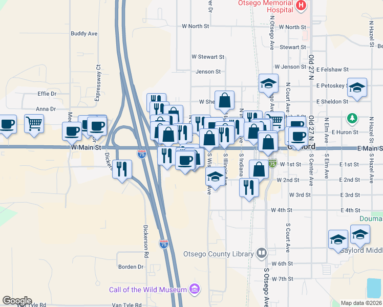 map of restaurants, bars, coffee shops, grocery stores, and more near 737 West Main Street in Gaylord