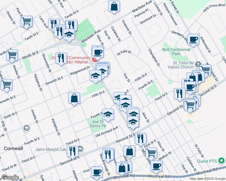 map of restaurants, bars, coffee shops, grocery stores, and more near 85 Monaco Crescent in Cornwall