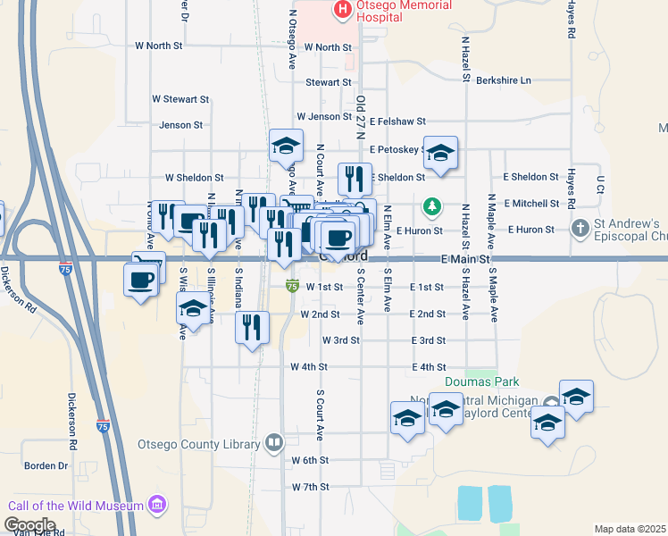 map of restaurants, bars, coffee shops, grocery stores, and more near in Gaylord