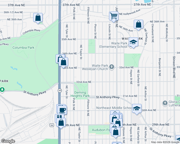 map of restaurants, bars, coffee shops, grocery stores, and more near 3238 Pierce Street Northeast in Minneapolis