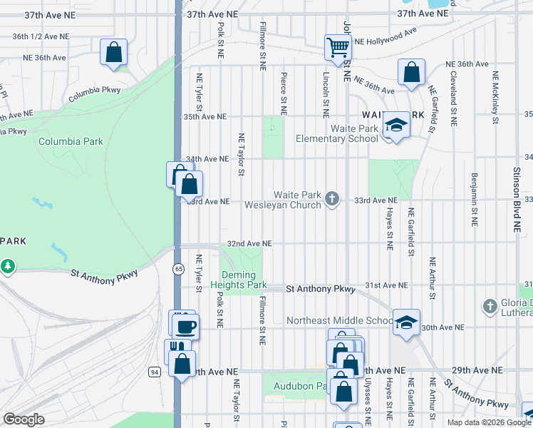 map of restaurants, bars, coffee shops, grocery stores, and more near 3238 Pierce Street Northeast in Minneapolis